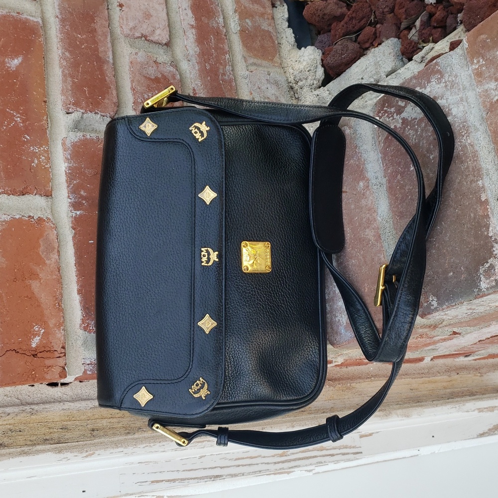 Vintage MCM Classic Black Leather Crossbody Bag Logo Neutral Y2K